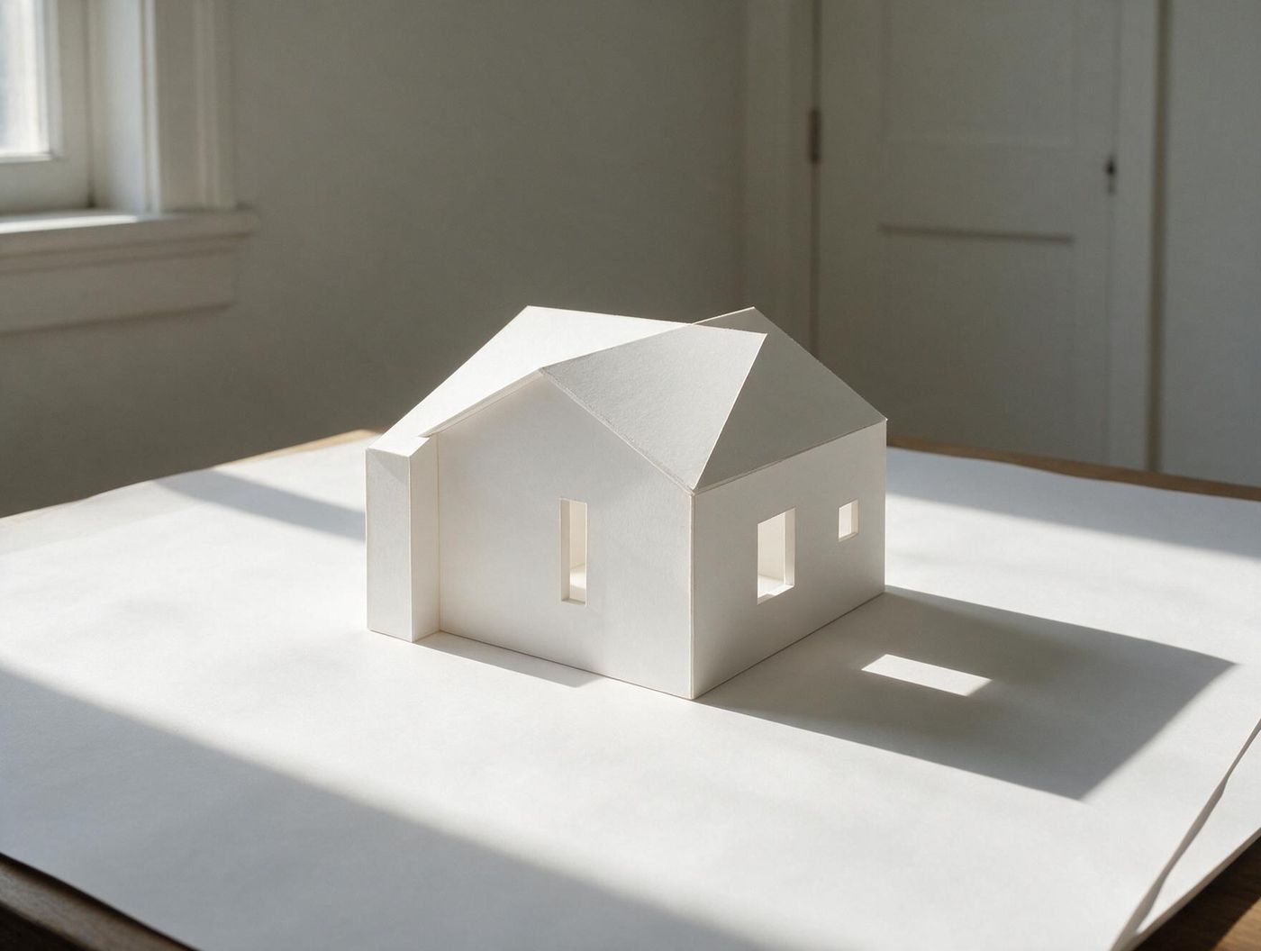 Ein weißes Architekturmodell aus Karton mit Satteldach steht auf einem Bogen Papier, seitlich von Tageslicht beleuchtet.