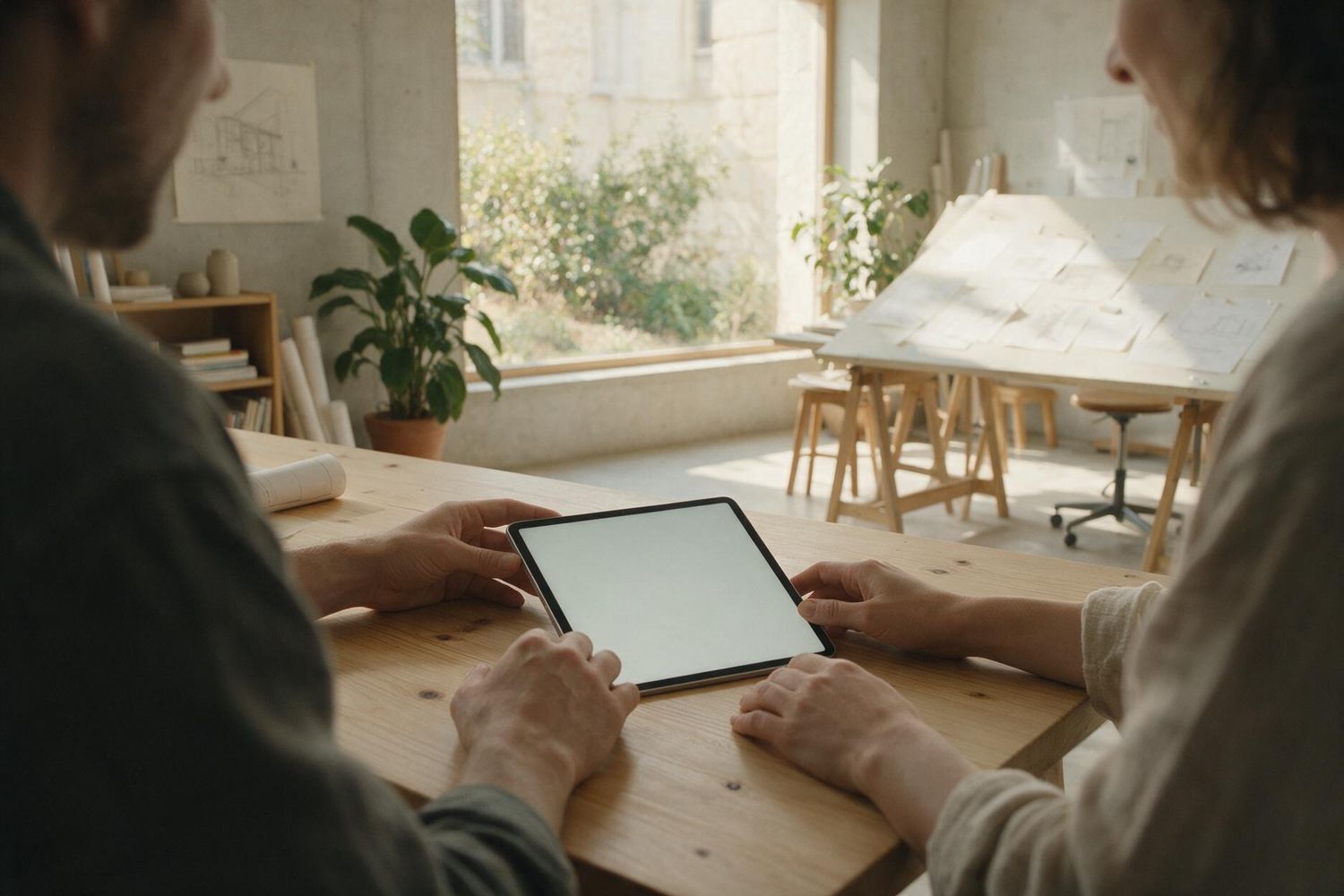 Zwei Menschen sitzen an einem Holztisch, zwischen ihnen liegt ein Tablet, auf das beide schauen.